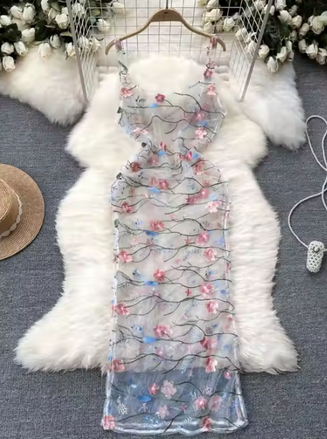 Embroidered Mesh Camisole Women Cover Up