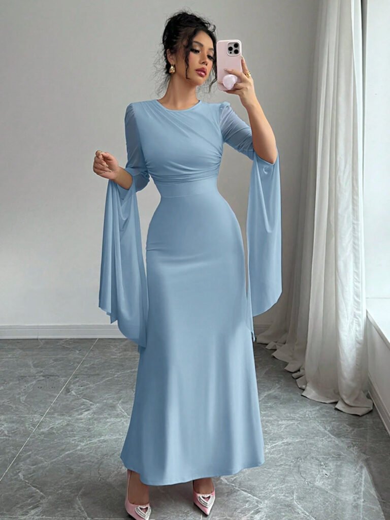 Spliced ​​Mesh Large Sleeves Sexy Slim Fishtail Long Skirt