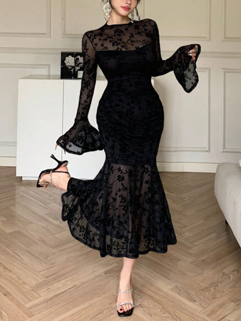 Mesh Flocked Bodycon Mermaid Dress Elegant Versatile Evening Gown