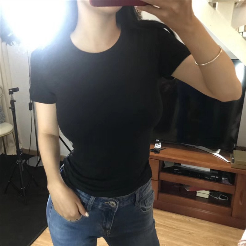Conquer Your Sexy Tight-Fitting Bust-Revealing Basic Short-Sleeved T-Shirt