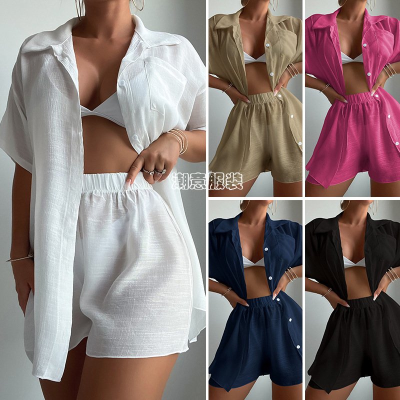 Fashion 254 Short-sleeved Shirt suit Loose Sun Protection Clothing Casual Beach Swimwear Blouse